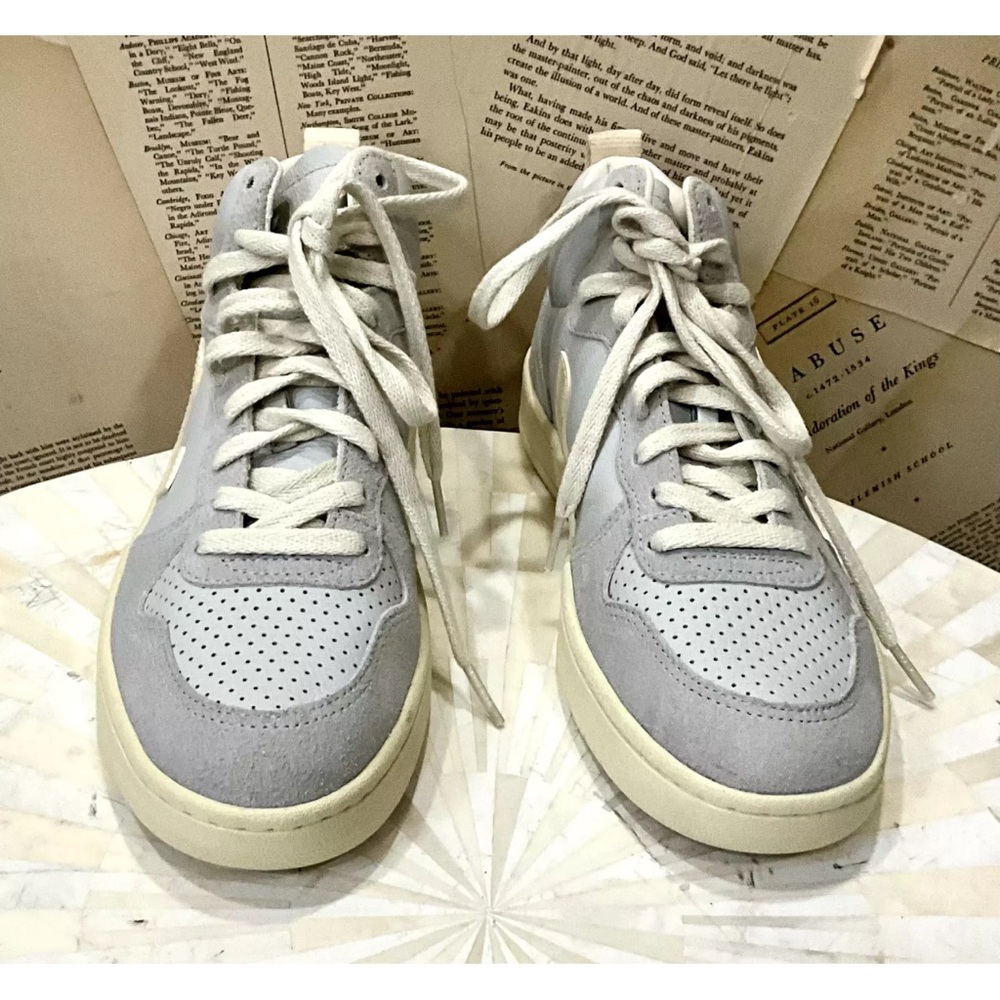 Anthropologie Veja V-15 Mid Top Sneakers Light Blue Grey Ivory Leather - Picture 6 of 9